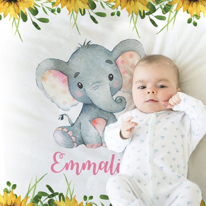 Personalized elephant sunflowers baby blanket, sunflower newborn name blanket, flowers and elephants baby gift, elephant flower swaddle