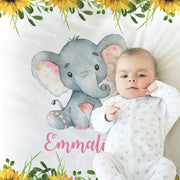 Personalized elephant sunflowers baby blanket, sunflower newborn name blanket, flowers and elephants baby gift, elephant flower swaddle