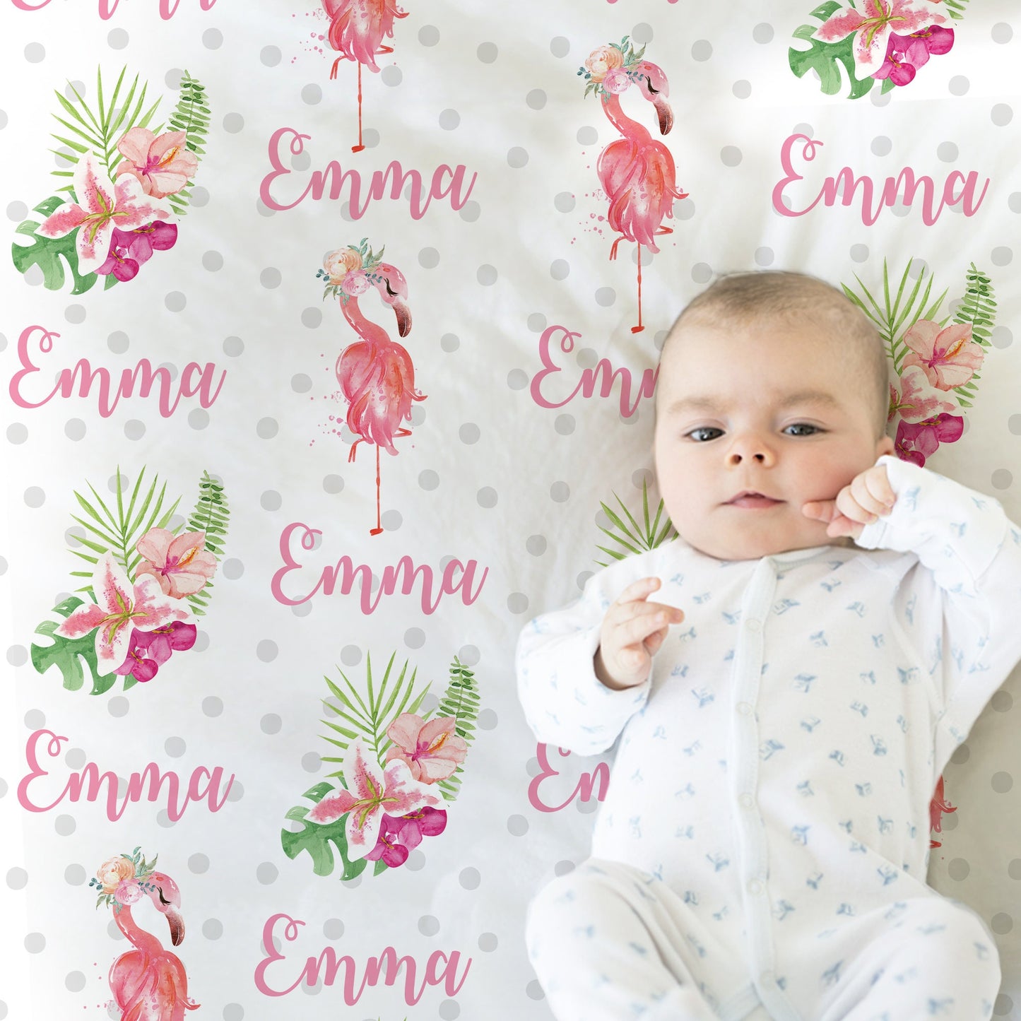 Personalized pink flamingo baby name blanket, floral tropic newborn swaddle blanket, tropical shower gift, tropical baby name blanket