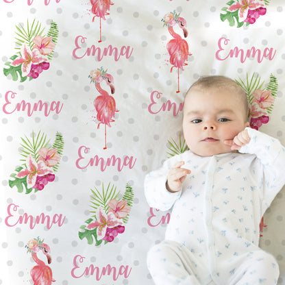 Personalized pink flamingo baby name blanket, floral tropic newborn swaddle blanket, tropical shower gift, tropical baby name blanket