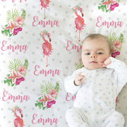 Personalized pink flamingo baby name blanket, floral tropic newborn swaddle blanket, tropical shower gift, tropical baby name blanket