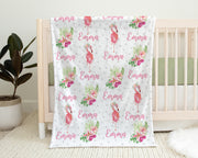 Personalized pink flamingo baby name blanket, floral tropic newborn swaddle blanket, tropical shower gift, tropical baby name blanket