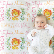 Newborn lion baby blanket, greenery lion personalized baby name blanket, girls watercolor lion baby gift, girls or boys, (CHOOSE COLORS)