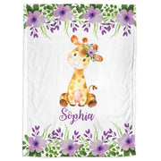 Giraffe baby girl name blanket, floral personalized newborn swaddle blanket with name, purple flower girls giraffe baby gift, flower animal