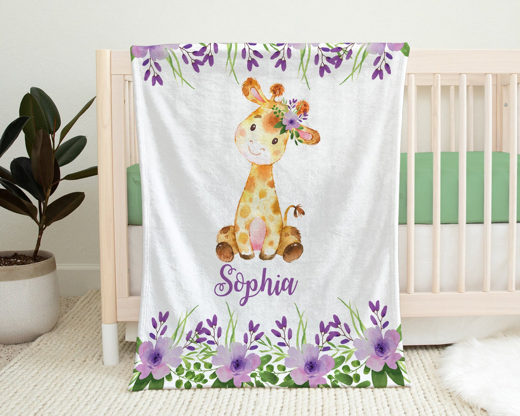 Giraffe baby girl name blanket, floral personalized newborn swaddle blanket with name, purple flower girls giraffe baby gift, flower animal