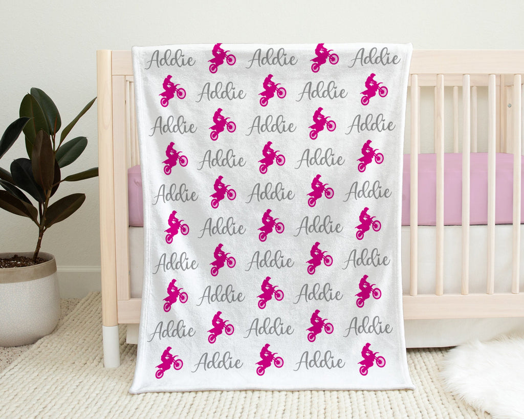 Pink motocross baby blanket, girl dirt bike name blanket, personalized newborn motocross baby gift, dirt bikes baby swaddle, boy or girls
