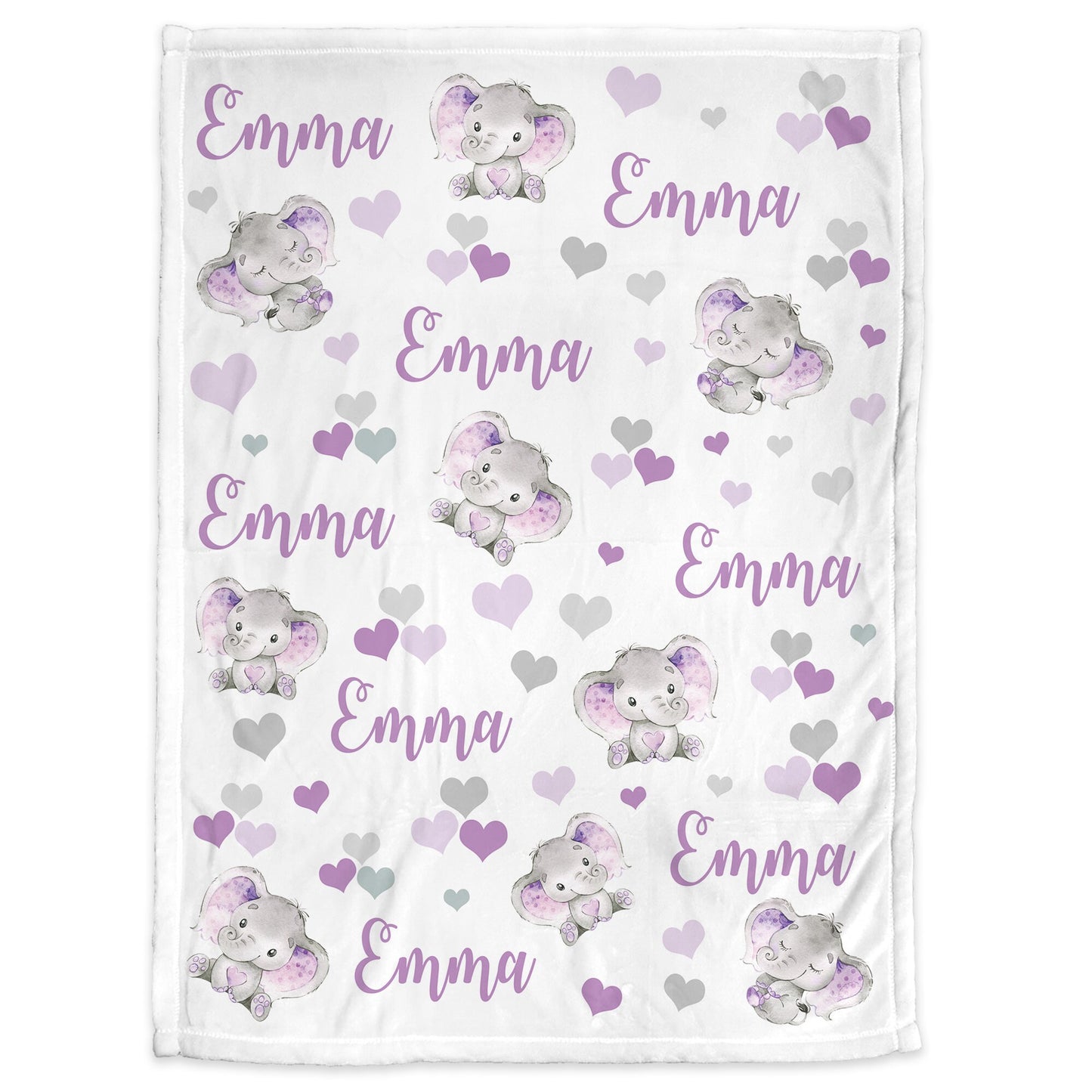 Purple elephant baby blanket with name, personalized hearts newborn blanket, elephant hearts baby swaddle, elephant baby gift, purple gray