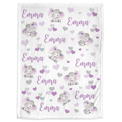 Purple elephant baby blanket with name, personalized hearts newborn blanket, elephant hearts baby swaddle, elephant baby gift, purple gray