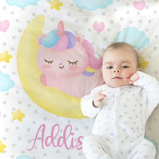 Personalized Sleepy Unicorn Moon Baby Name Blanket Girl
