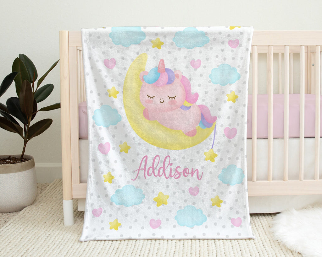 Unicorn baby blanket, unicorn sleeping on moon with stars and clouds, baby girl gift, personalized cuddle blanket, newborn, swaddle