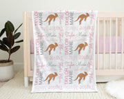 Personalized kangaroo baby blanket, newborn girl kangaroo blanket with name, pink kangaroo baby gift, pink kangaroo swaddle  (CHOOSE COLORS)