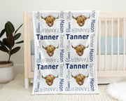 Baby boy highland cow blanket, personalized name blanket with steers, highland cow farm newborn baby gift, boy cow swaddle blanket