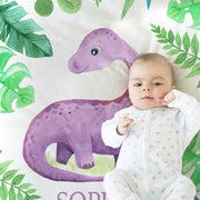 Personalized dinosaur baby blanket, purple dino nebworn name blanket, dinosaur theme baby gift, boy or girls, dinosaur nursery swaddle