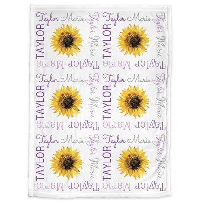Personalized sunflower baby girl blanket, sunflower blanket with name, floral baby gift, purple newborn sunflower swaddle, (CHOOSE COLORS)