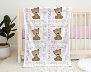 Pink teddy bear baby blanket, personalized newborn bear name blanket, teddy bear baby gift, bear baby girl swaddle, choose colors