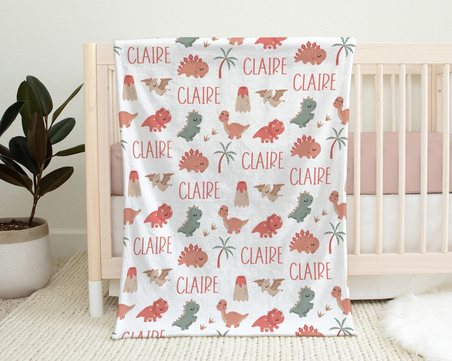 Personalized Cute Dinosaurs Baby Name Blanket Girl