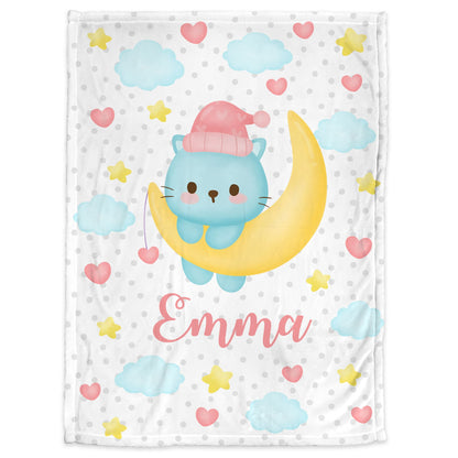 Personalized Kitty Cat and Moon Baby Name Blanket Girl