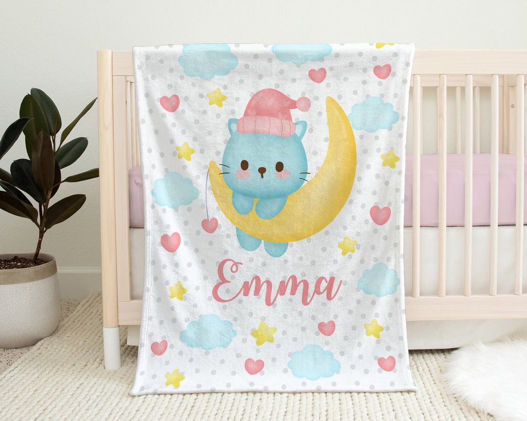 Kitten baby blanket, kitty on moon with stars and hearts, baby girl gift, personalized cuddle blanket with cat, newborn, swaddle