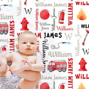 Baby boy fire trucks name blanket, fireman newborn blanket, first responder baby blanket, firefighter personalized baby gift (CHOOSE COLORS)