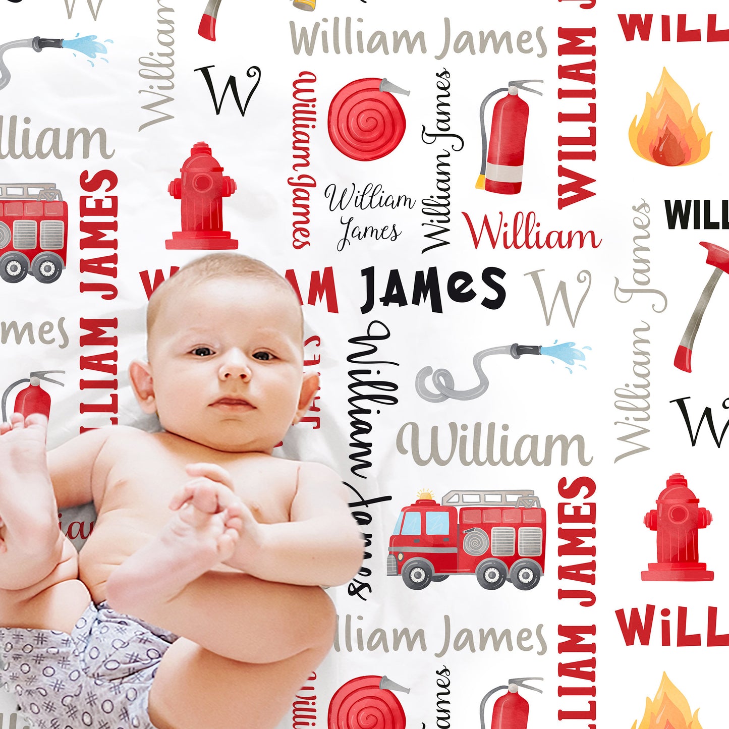 Baby boy fire trucks name blanket, fireman newborn blanket, first responder baby blanket, firefighter personalized baby gift (CHOOSE COLORS)