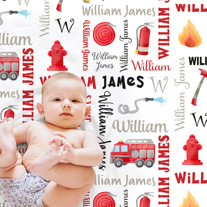 Baby boy fire trucks name blanket, fireman newborn blanket, first responder baby blanket, firefighter personalized baby gift (CHOOSE COLORS)