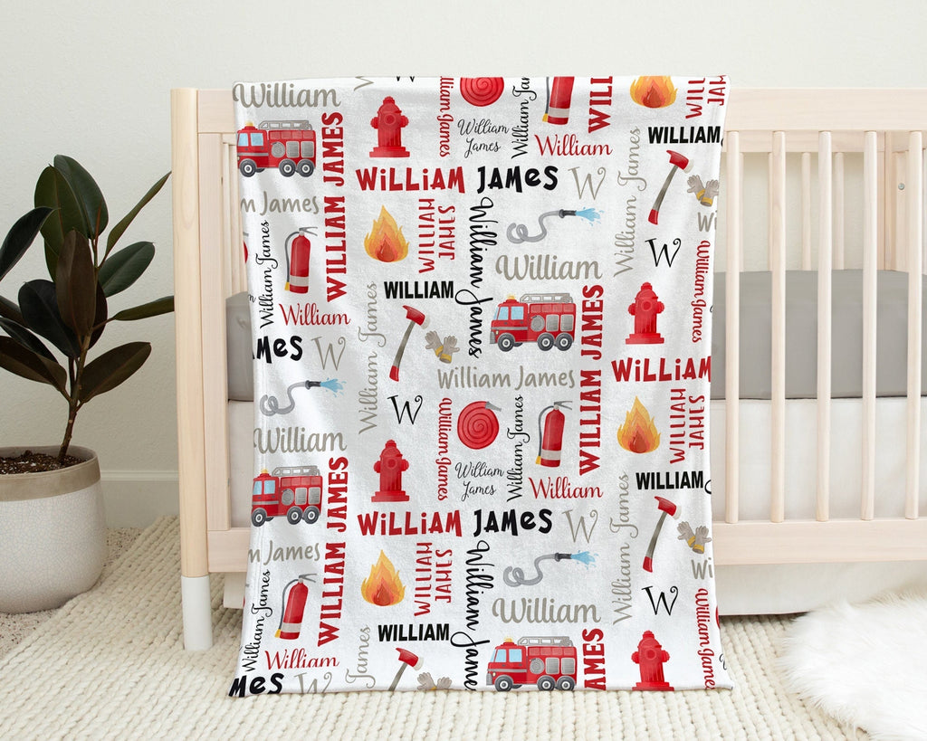 Baby boy fire trucks name blanket, fireman newborn blanket, first responder baby blanket, firefighter personalized baby gift (CHOOSE COLORS)