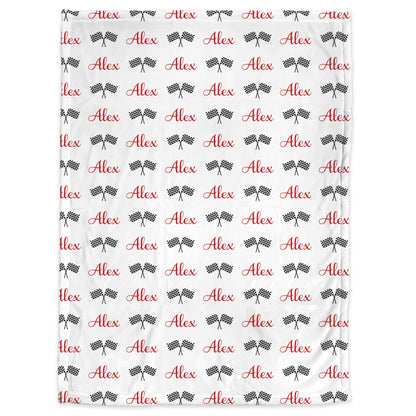 Racing flag name blanket, newborn drag racing baby blanket, personalized boys dragster baby gift, street racing swaddle (CHOOSE COLORS)