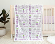 Pineapple baby girl blanket, tropical personalized pineapples baby name blanket, pineapple swaddle, pineapple baby gift (CHOOSE COLOR)