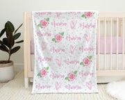 Valentines Day baby blanket, hearts and roses, baby girl gift, personalized cuddle security blanket, newborn, swaddle