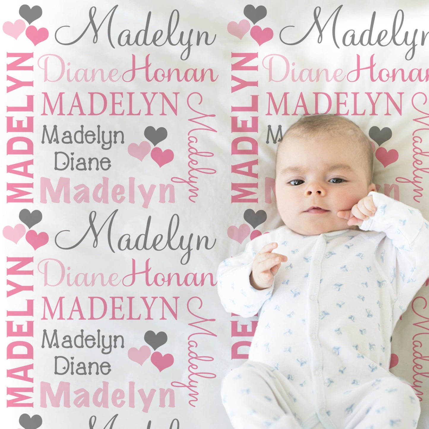 Valentines Name Blanket in pink and gray for Baby Girl, personalized baby gift, blanket, baby blanket, personalized blanket, choose colors