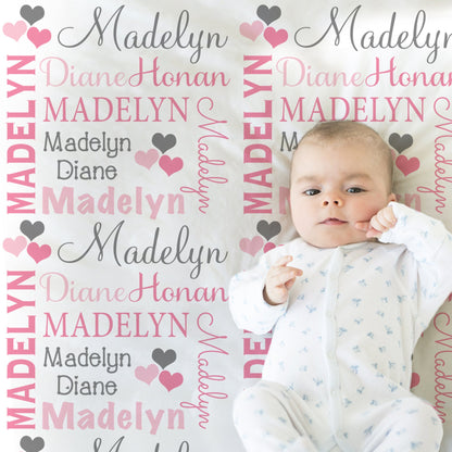 Valentines Name Blanket in pink and gray for Baby Girl, personalized baby gift, blanket, baby blanket, personalized blanket, choose colors