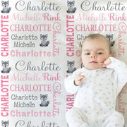 Wolf baby name blanket, personalized girls pink wolf swaddle, newborn wolf baby shower gift, cute baby wolf blanket with name (CHOOSE COLOR)