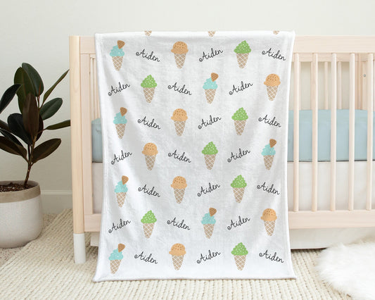 Ice cream baby blanket, boy summer newborn name blanket, personalized ice cream theme gift, summer ice cream scoop baby boy, (CHOOSE COLORS)
