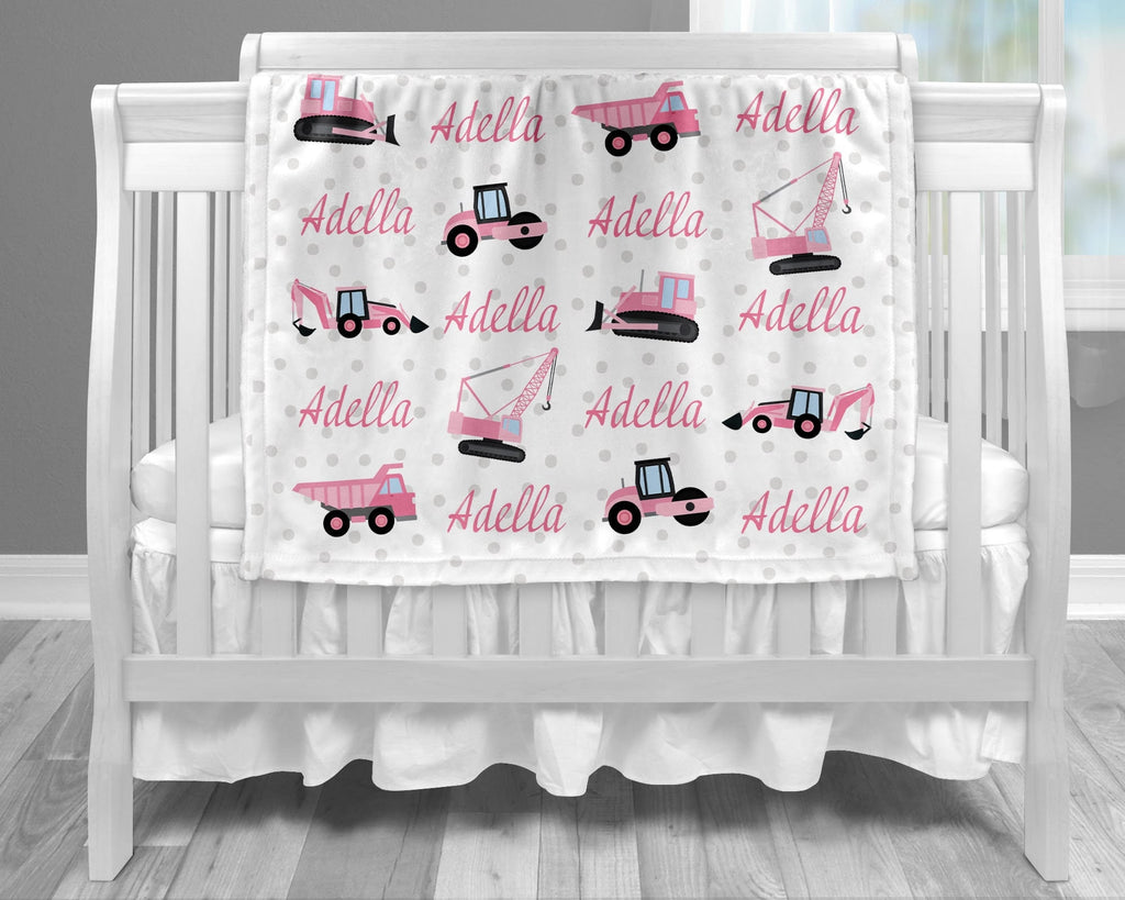 Pink construction trucks name blanket, baby girl dump truck girl blanket, construction baby, personalized baby gift, custom name blanket