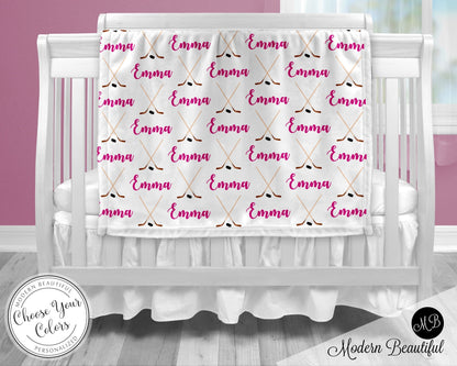 Pink hockey baby blanket, personalized hockey stick name blanket, newborn baby girl hockey gift, hockey baby swaddle, (CHOOSE COLORS)