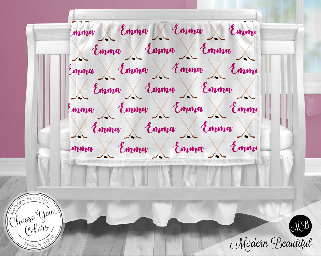 Pink hockey baby blanket, personalized hockey stick name blanket, newborn baby girl hockey gift, hockey baby swaddle, (CHOOSE COLORS)