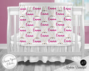 Pink hockey baby blanket, personalized hockey stick name blanket, newborn baby girl hockey gift, hockey baby swaddle, (CHOOSE COLORS)