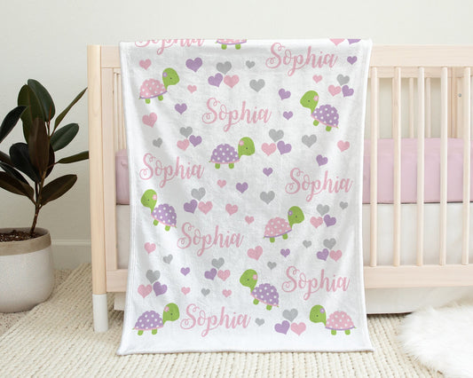 Personalized Baby Turtle Name Blanket Girl Hearts
