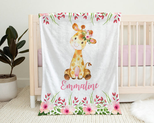 Personalized Giraffe Safari Baby Name Blanket Girl