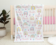 Boho rainbow baby name blanket, personalized newborn swaddle blanket, girl gift hearts, flowers, stars