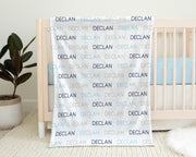 Repeating name baby blanket light blue, navy and gray, personalized newborn boys blanket, capital letters swaddle blanket (CHOOSE COLORS)
