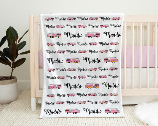 Firetruck baby girls blanket, pink fire fighter personalized name blanket, pink firetruck newborn baby gift, fireman swaddle blanket