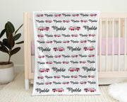 Firetruck baby girls blanket, pink fire fighter personalized name blanket, pink firetruck newborn baby gift, fireman swaddle blanket