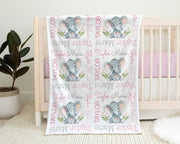 Polka dot ear elephant baby blanket, personalized elephant newborn gift, pink elephant swaddle blanket with name, pink and gray elephants