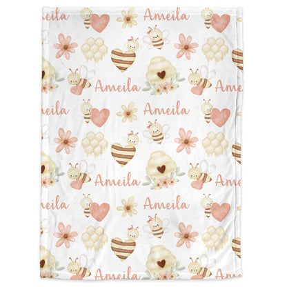 Valentine Bee baby blanket with hearts, watercolor boho bumble bee personalized newborn baby gift, Valentines Toddler Blanket, girl gift