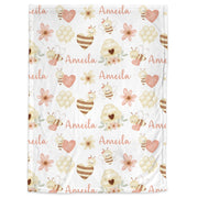 Valentine Bee baby blanket with hearts, watercolor boho bumble bee personalized newborn baby gift, Valentines Toddler Blanket, girl gift