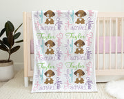 Personalized puppy dog baby blanket, pink puppy theme name blanket for girls or boys, newborn puppy baby gift, puppy swaddle (CHOOSE COLORS)