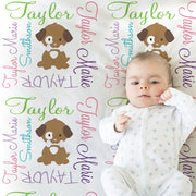 Personalized puppy dog baby blanket, pink puppy theme name blanket for girls or boys, newborn puppy baby gift, puppy swaddle (CHOOSE COLORS)