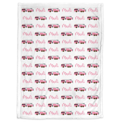 Newborn pink firetruck baby gril blanket, personalized fireman swaddle blanket with name, boy or girls, fire truck theme baby gift