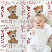 Personalized teddy bear baby blanket, newborn stuffed bear blanket with name, girls teddy bear baby swaddle, bear baby gift (CHOOSE COLORS)